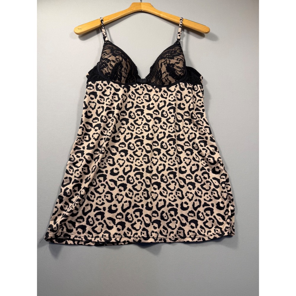 Leopard Print Lace Trim Underwire Chemise Nightgown Tan Black